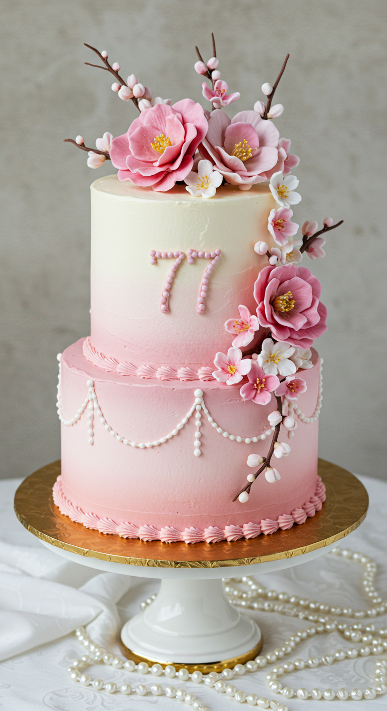 Zweistöckige rosa Ombré-Torte mit Zucker-Kirschblüten und Perlenketten-Dekor.