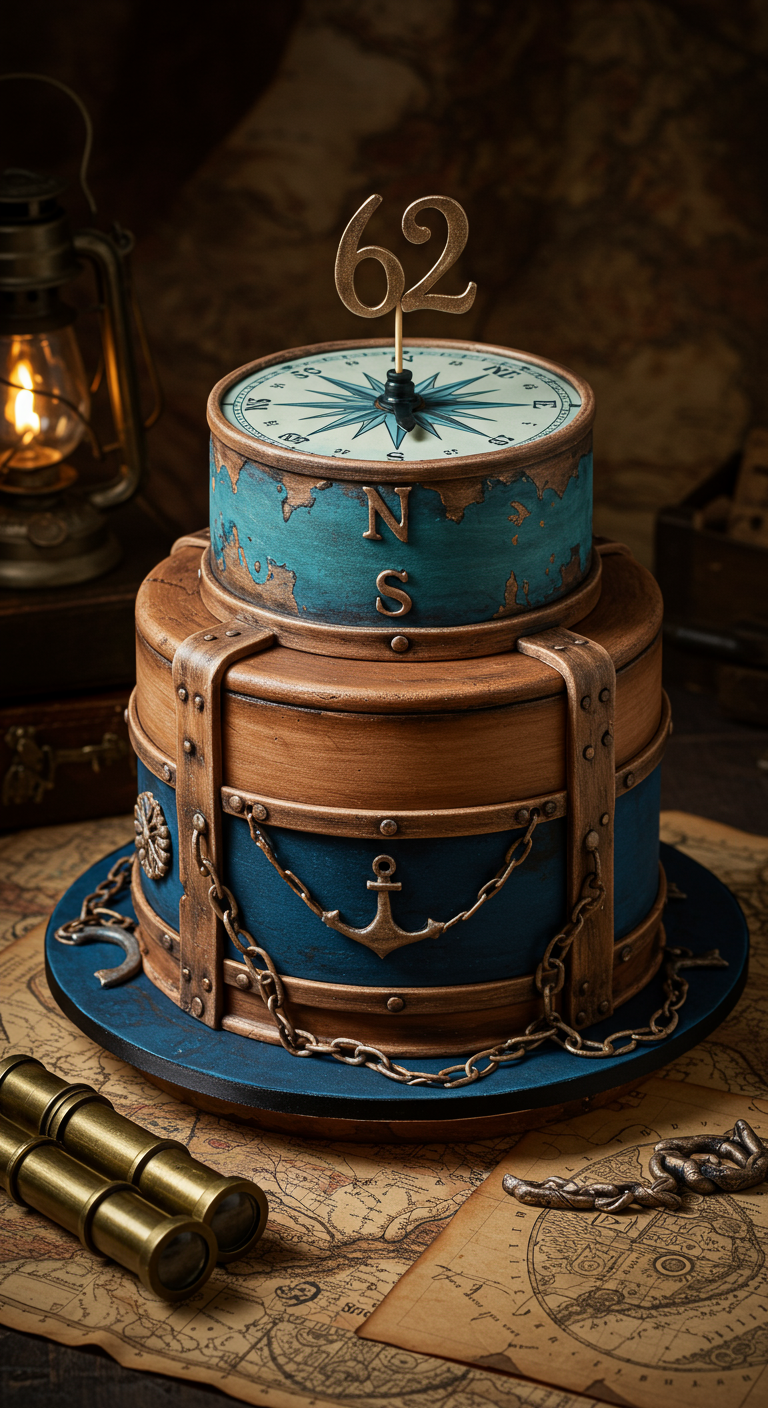 Zweistöckige Torte mit Kompass-Design, Anker und Ketten in Blau- und Brauntönen.