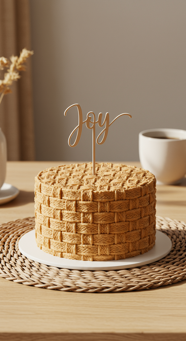 Beigefarbene Torte mit einer detaillierten Korbgeflecht-Textur aus Buttercreme und einem „Joy“ Cake Topper.