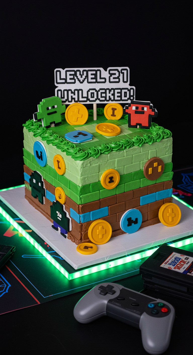 Quadratische Gamer-Torte im Pixel-Look mit