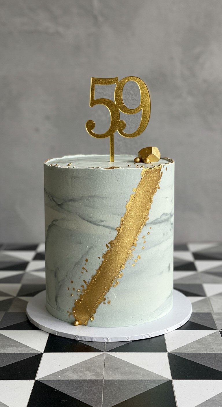 Hoher Kuchen mit grau-weißem Marmor-Effekt, Goldstreifen und '59' Topper.