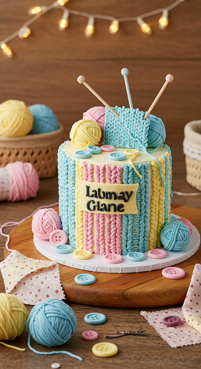 Torte dekoriert wie ein Strickkorb mit Wollknäueln, Stricknadeln und Knöpfen.