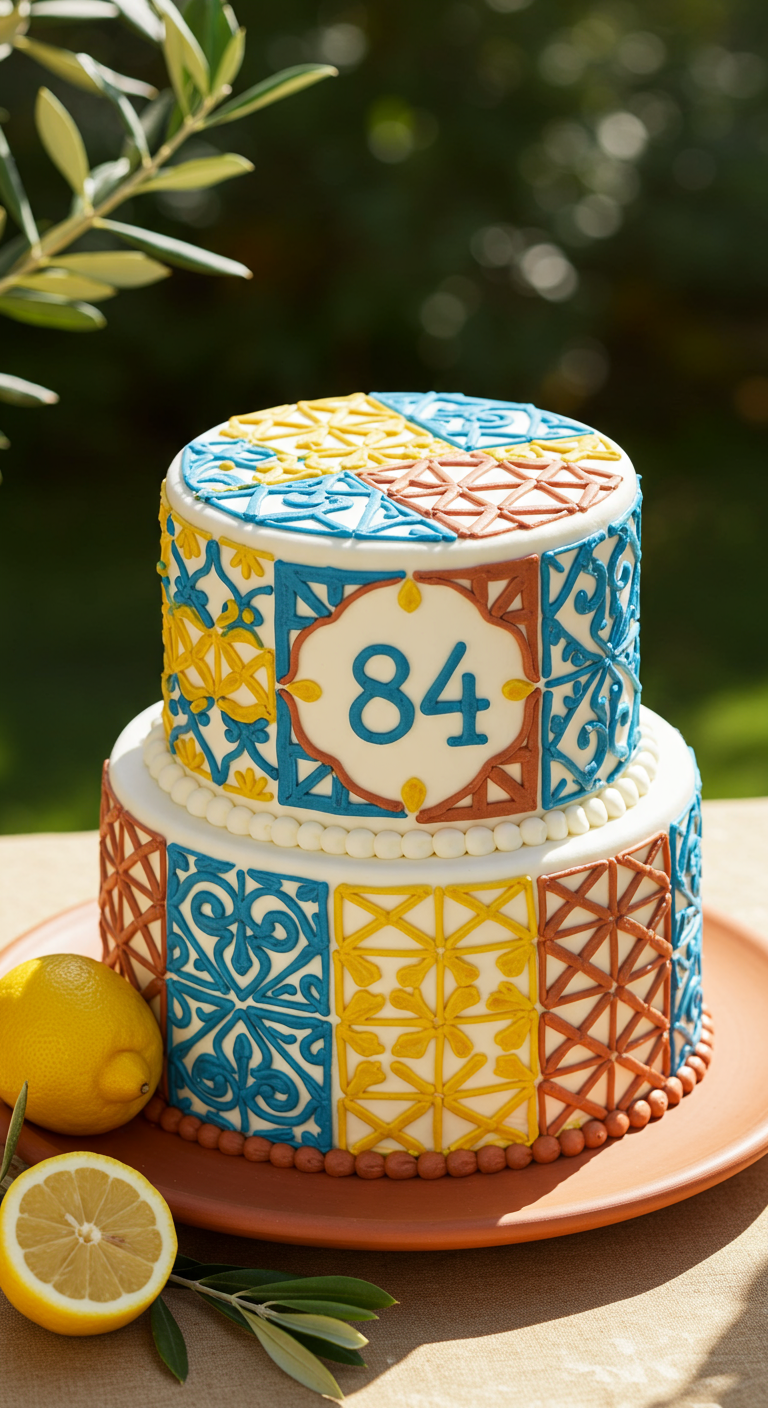 Zweistöckige Torte mit mediterranen Kachelmustern in Blau, Gelb und Braun.