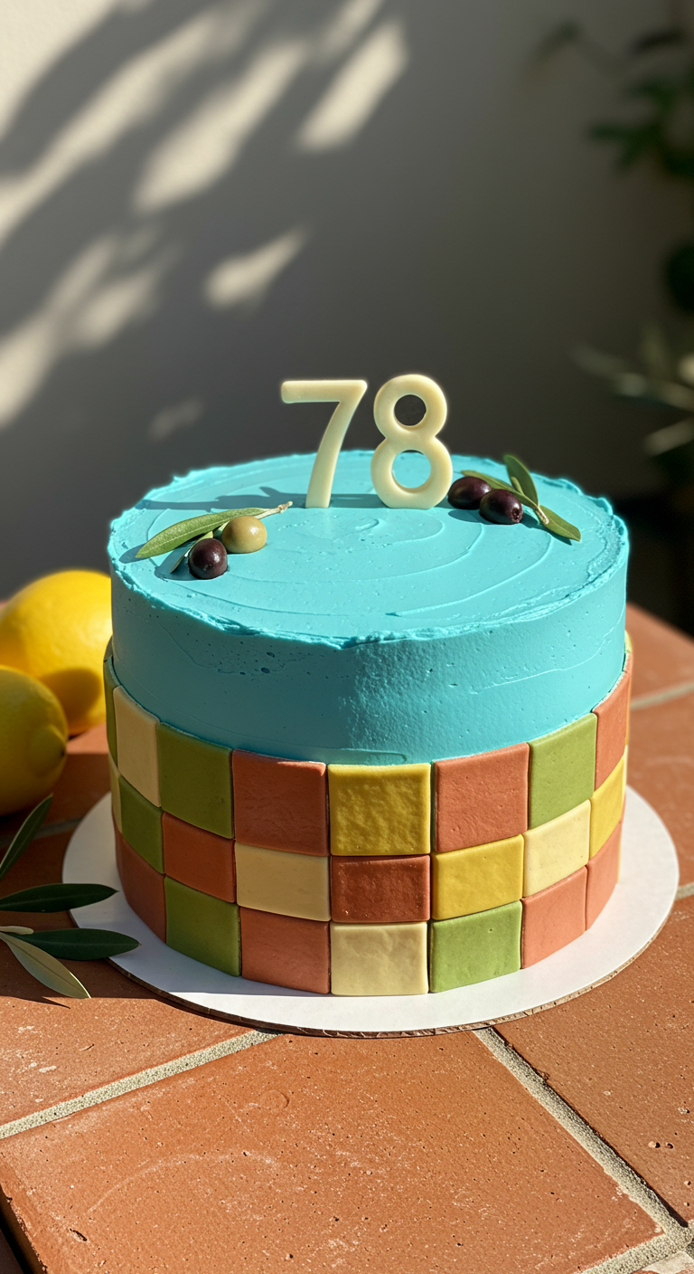 Runde Torte mit türkisfarbener Oberseite und einem Band aus bunten Fondant-Kacheln.