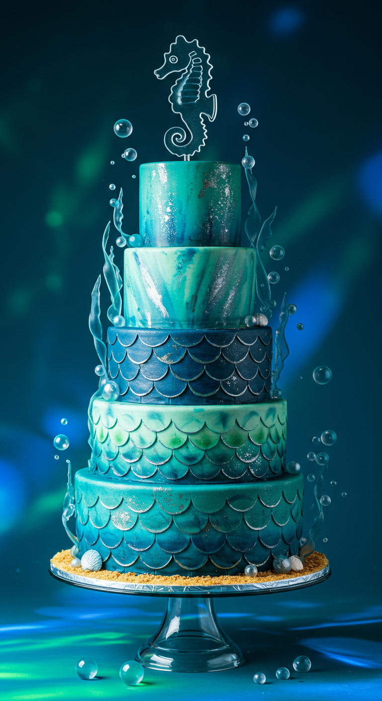 Mehrstöckige Torte mit blau-grünen Schuppen, Silberglanz und Seepferdchen-Topper.