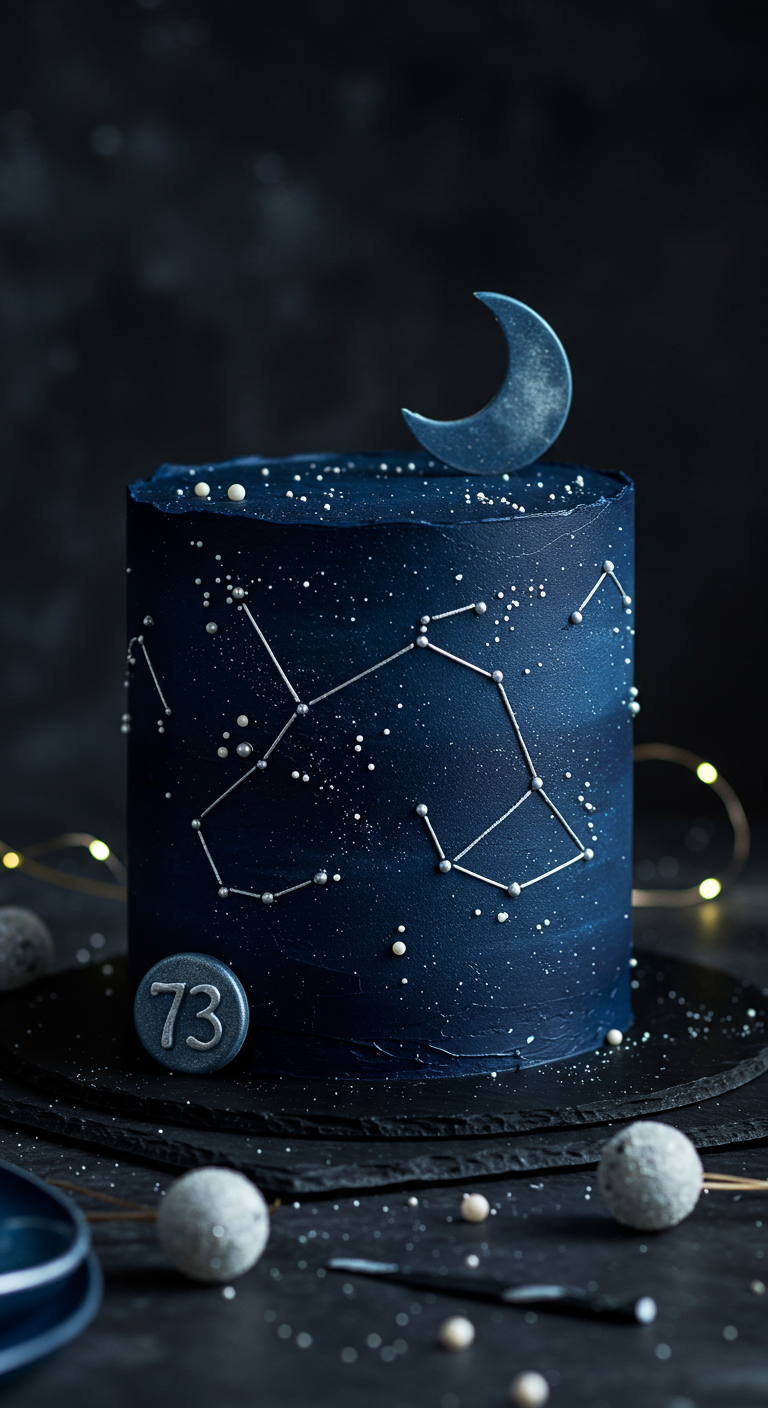 Dunkelblaue Torte mit silbernen Sternbildern, Glitzer und Mond-Deko.
