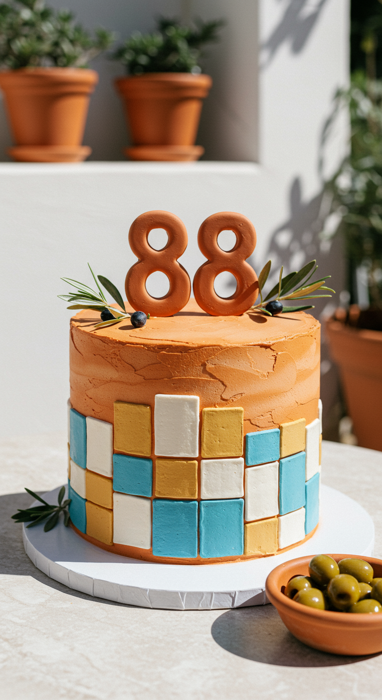 Terrakottafarbene Torte mit bunten Mosaik-Kacheln und Olivenzweigen.