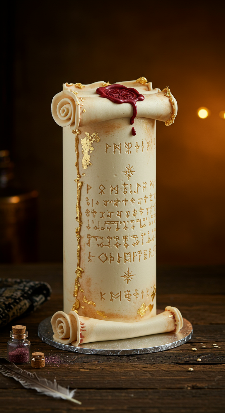 Hohe, zylindrische Torte in Form einer Schriftrolle mit goldenen Runen und rotem Siegel.
