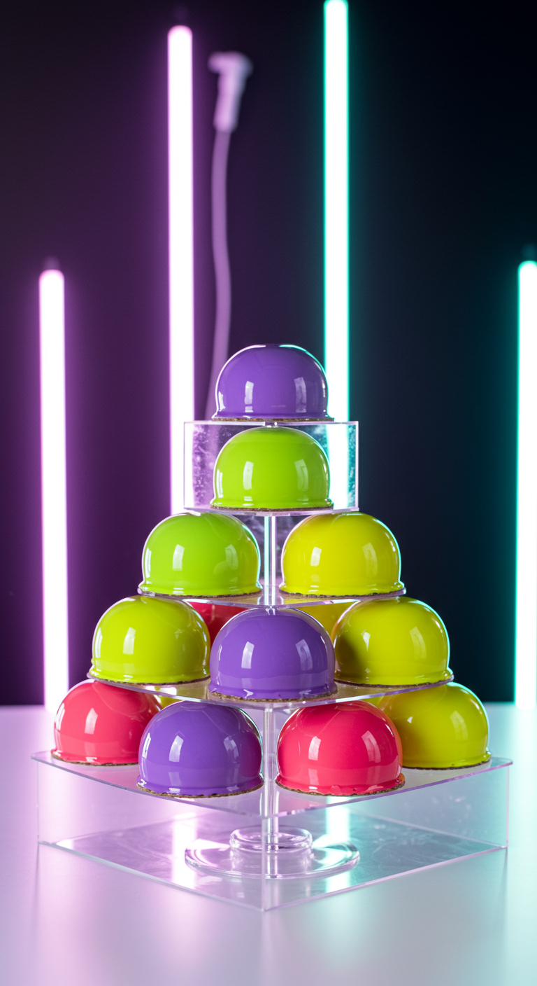 Pyramide aus kleinen, glasierten Kuppeltörtchen in Neonfarben auf einem transparenten Ständer.