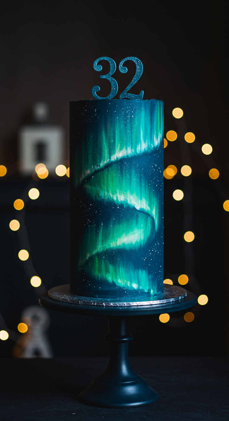Dunkelblaue, hohe Torte mit aufgemaltem Nordlicht-Effekt in Grün und Weiß.