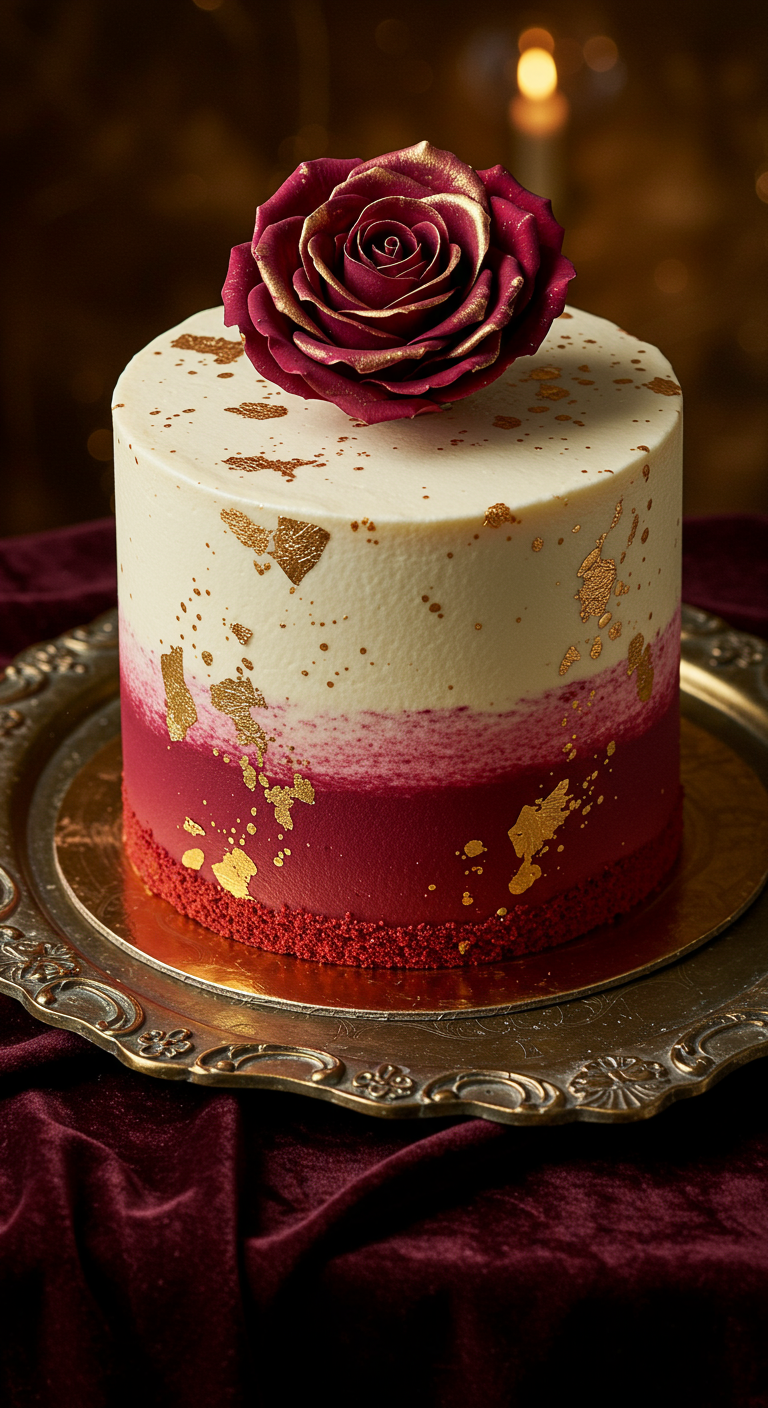 Rot-weiße Ombré-Torte mit einer großen Rose und Goldsprenklern.