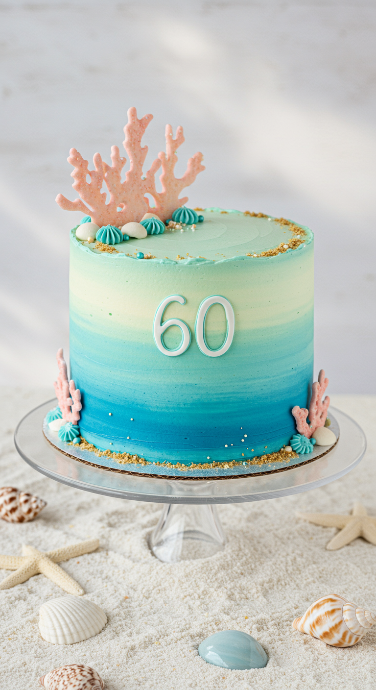 Torte mit blau-grünem Ombré-Farbverlauf, Korallen und Muscheln aus Zucker.