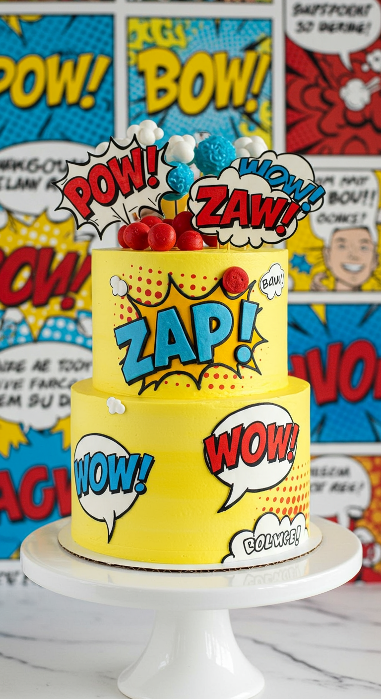Gelbe, zweistöckige Torte im Comic-Stil mit