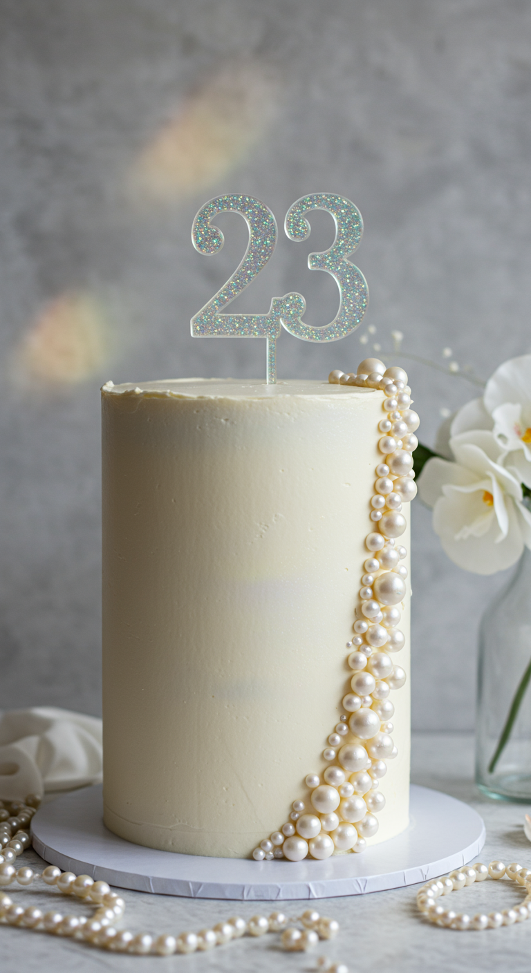 Hohe weiße Torte mit einer Kaskade aus Perlen und glitzerndem