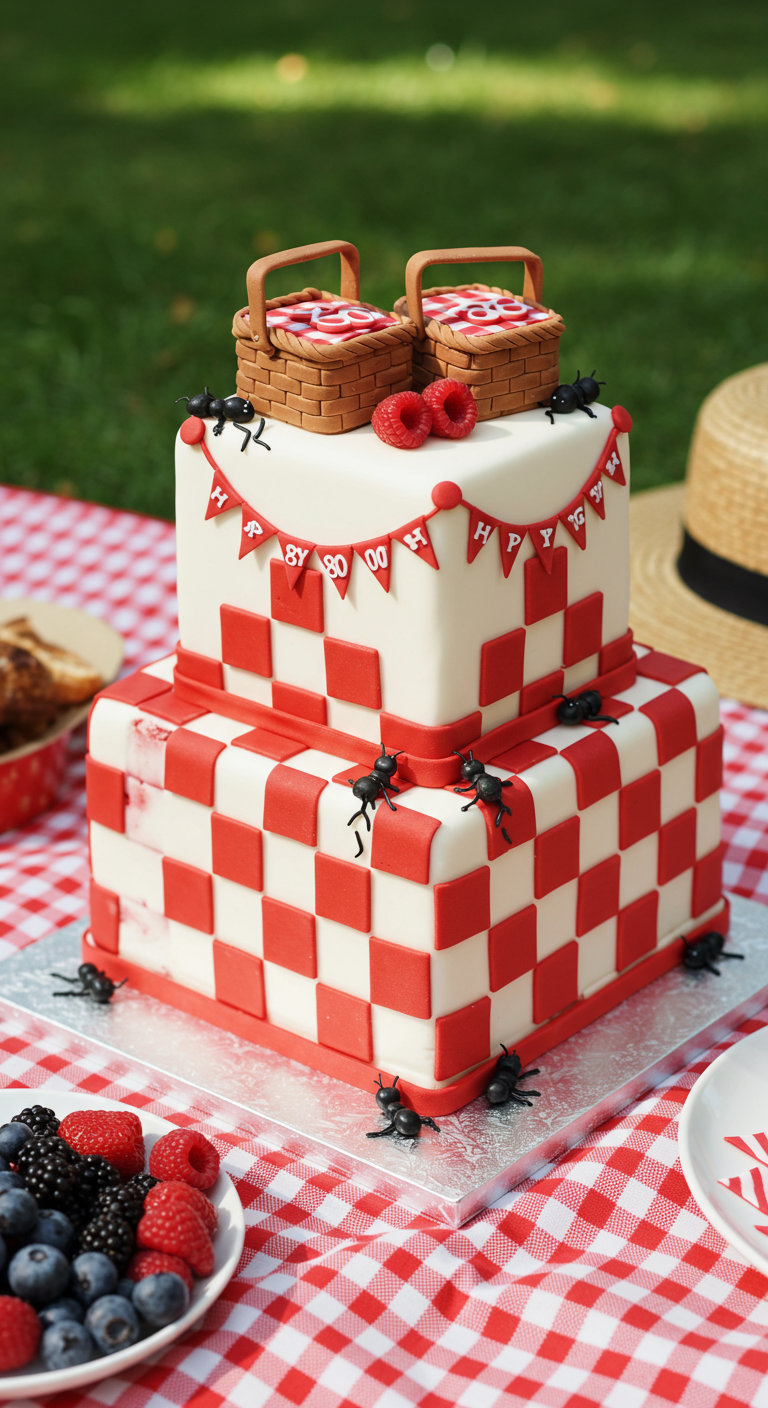 Zweistöckige Torte im Picknickdecken-Look mit Ameisen und Picknickkörben.