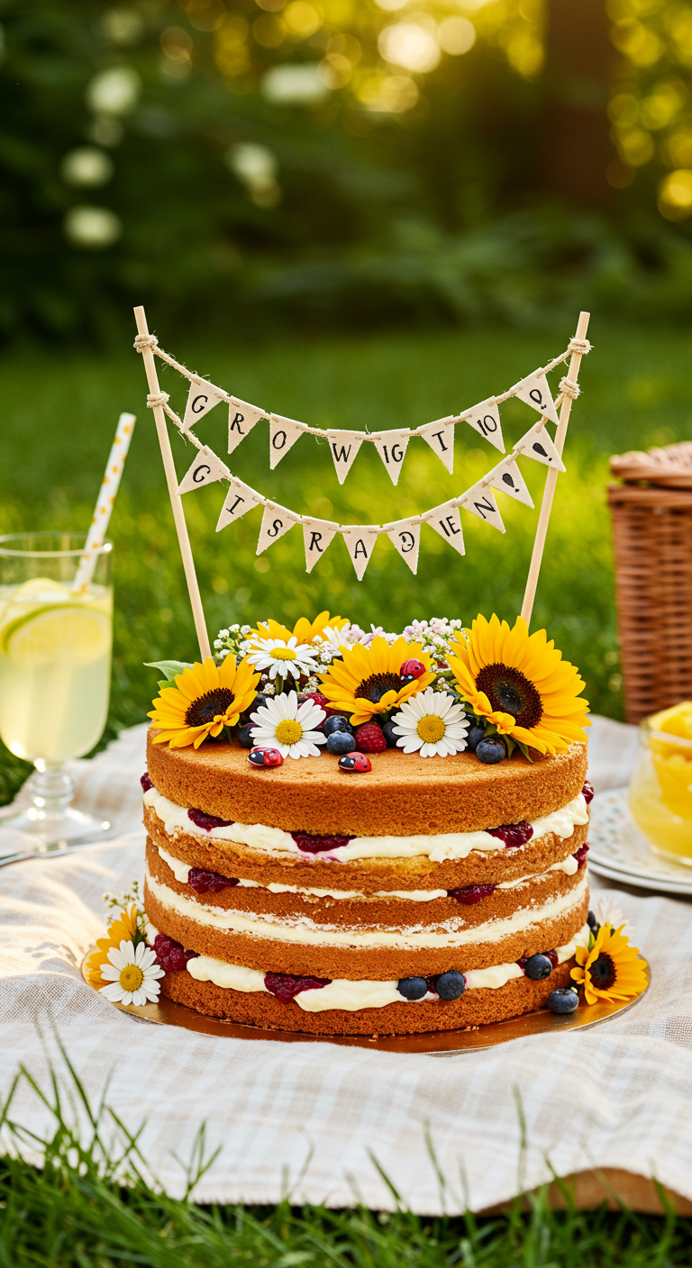 Mehrschichtiger Naked Cake mit sichtbaren Böden, heller Creme, Beeren und frischen Sonnenblumen.