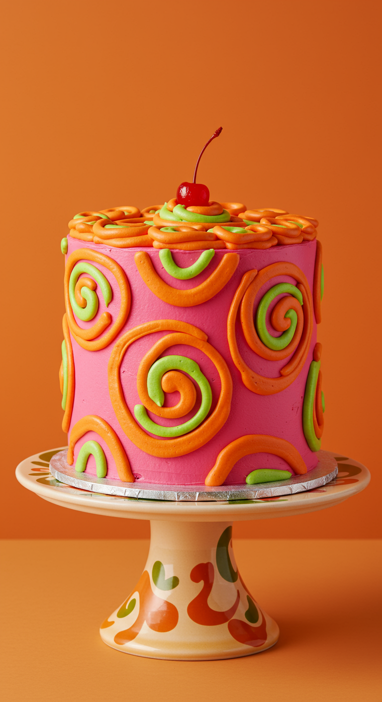 Pinke Buttercreme-Torte mit orangefarbenen und grünen Kringeln und Kirsch-Topping.