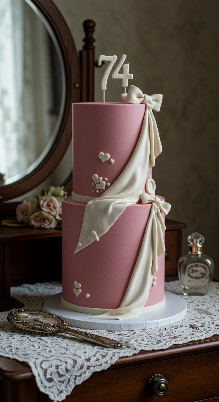 Rosafarbene zweistöckige Torte mit weißen Fondant-Drapierungen, Schleifen und Herzen.