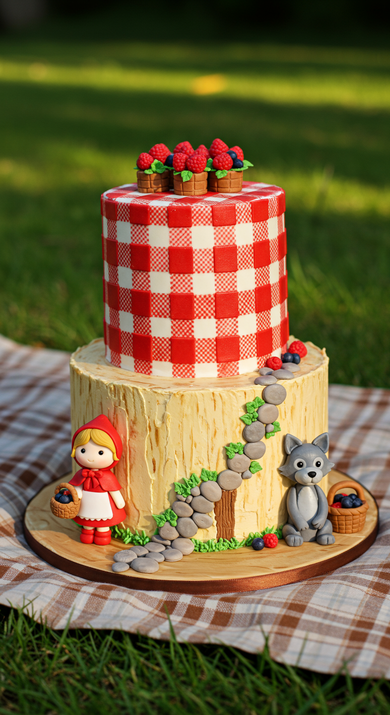 Rotkäppchen-Torte mit Karomuster, Baumstamm und Figuren