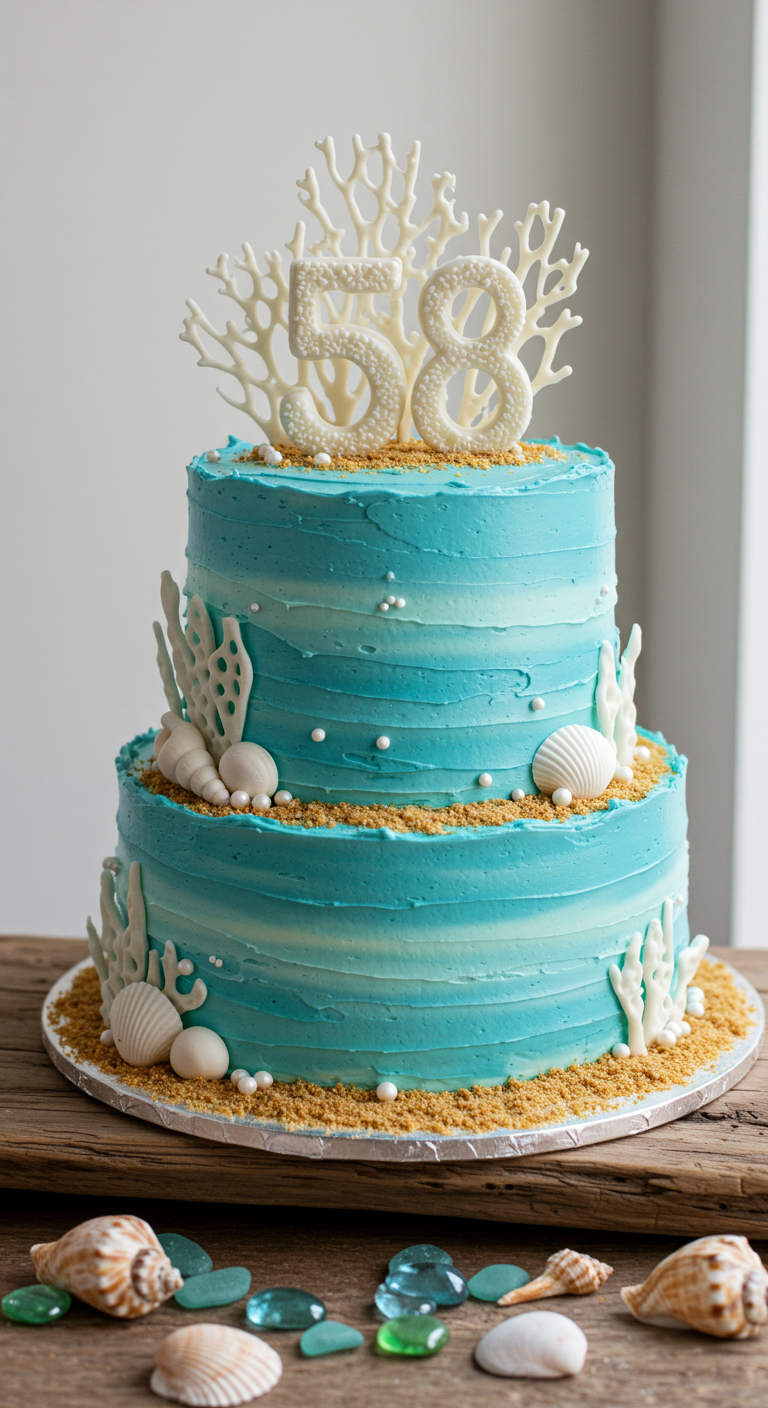 Zweistöckige türkisfarbene Torte mit Sand-Effekt, weißen Korallen und Muscheln.