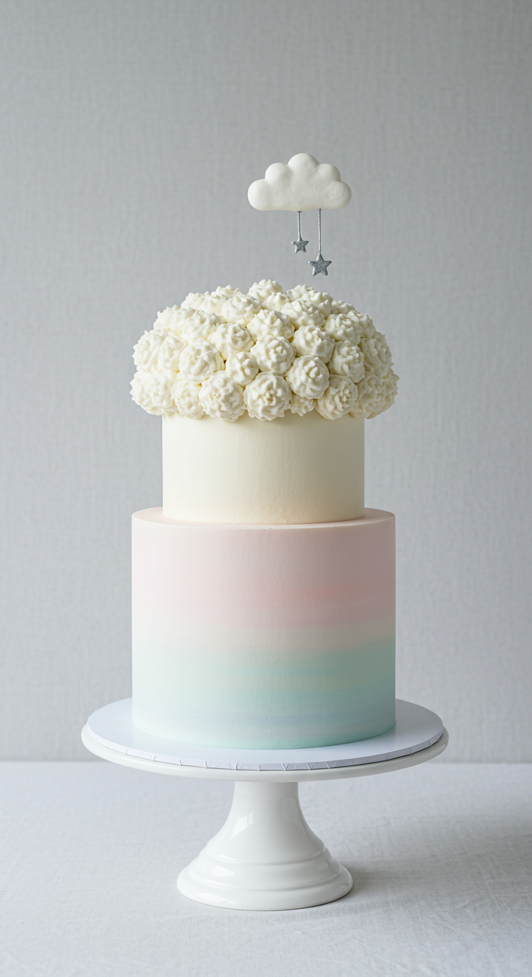 Zweistöckige Torte, untere Etage Pastell-Ombré, obere Etage weiße Rosetten-Wolke.