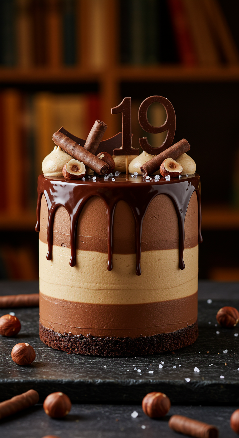 Dreifarbige Schokoladen-Karamell-Torte mit Schokodrip, Waffelröllchen und Haselnüssen.