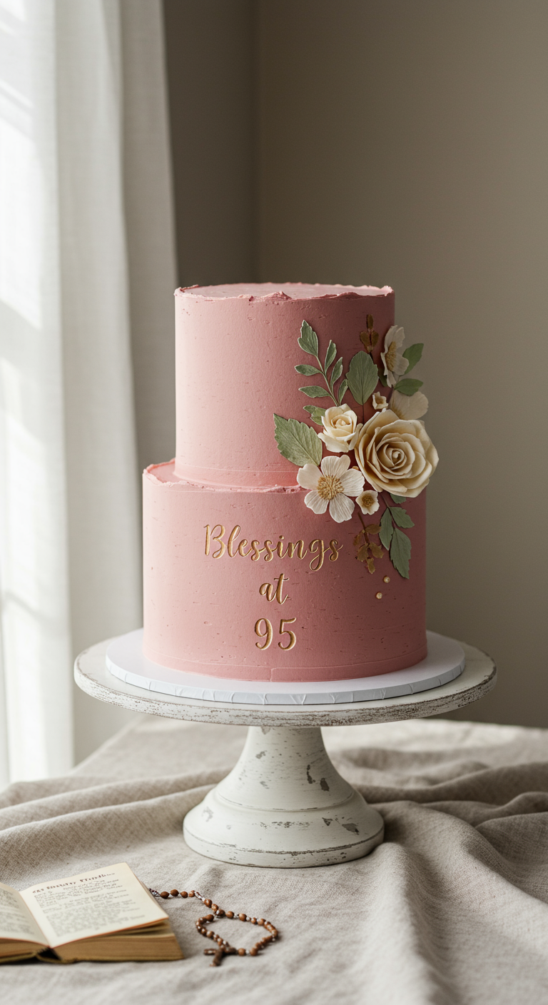 Zweistöckige rosa Torte mit weißen und goldenen Zuckerblumen und Schriftzug „Blessings at 95“.