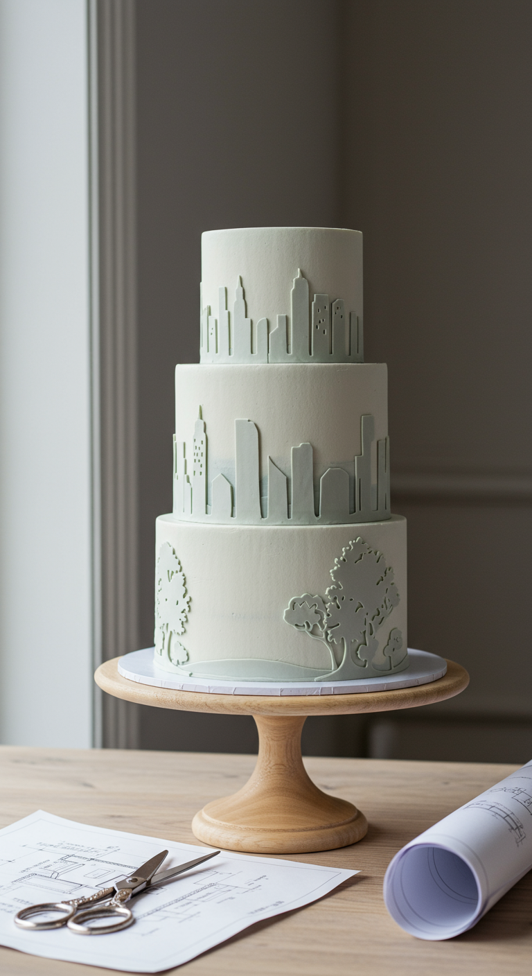 Dreistöckige hellgrüne Torte mit dunkelgrünen Silhouetten einer Skyline und Bäumen.