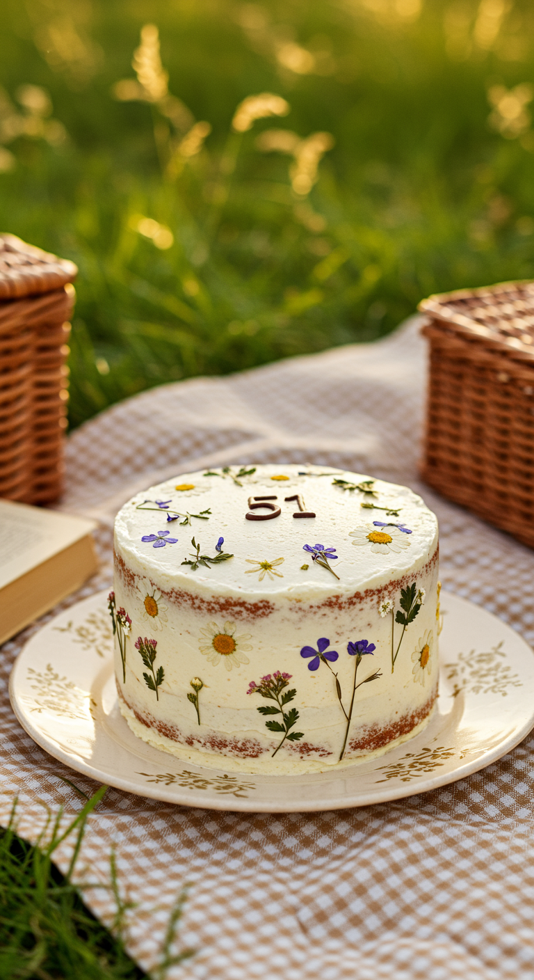 Weiße Torte mit gepressten essbaren Blüten, auf einer Picknickdecke.