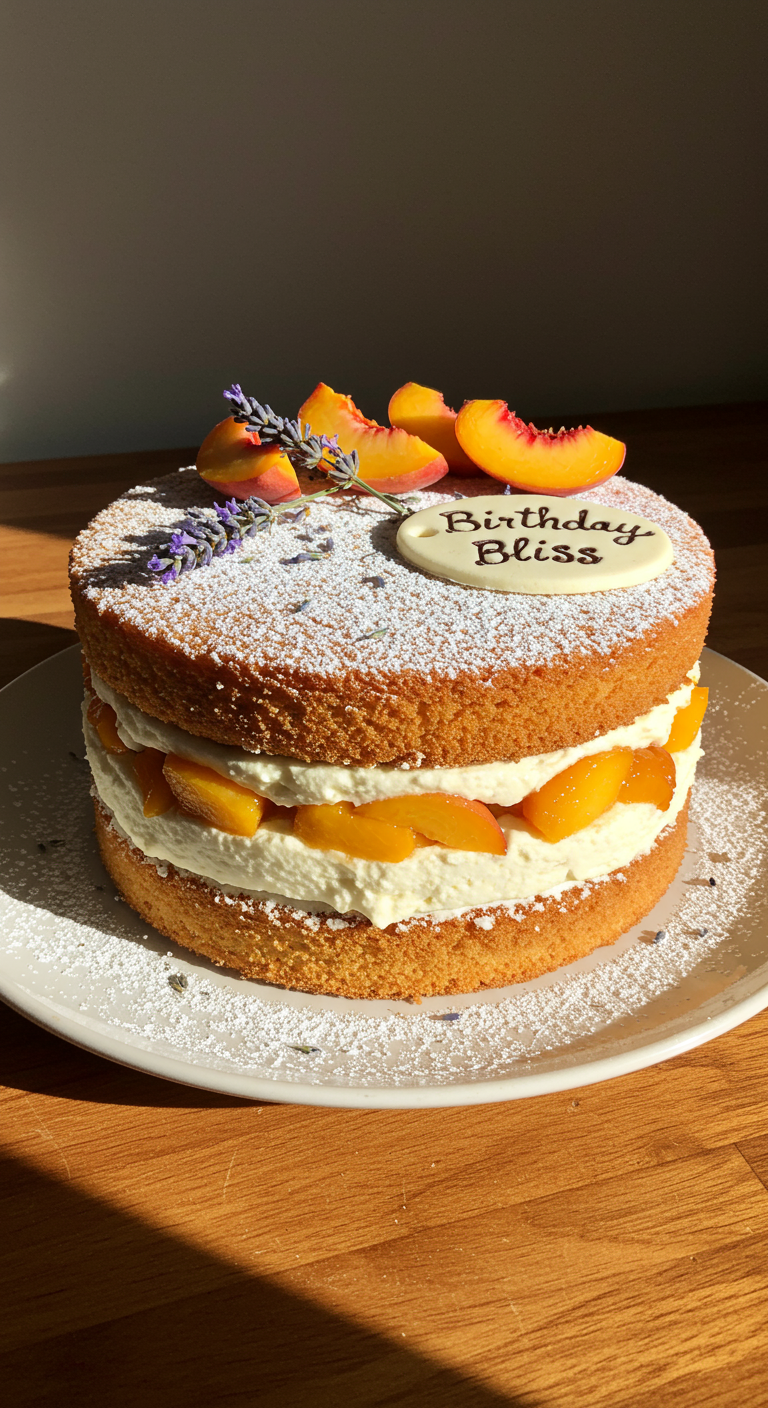 Victoria Sponge Cake mit Pfirsichfüllung, Puderzucker, Lavendel und Schokotaler.