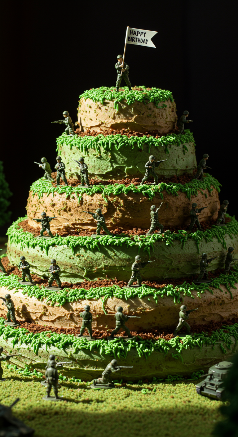 Mehrstöckige Torte als grüne Hügellandschaft mit Spielzeugsoldaten.