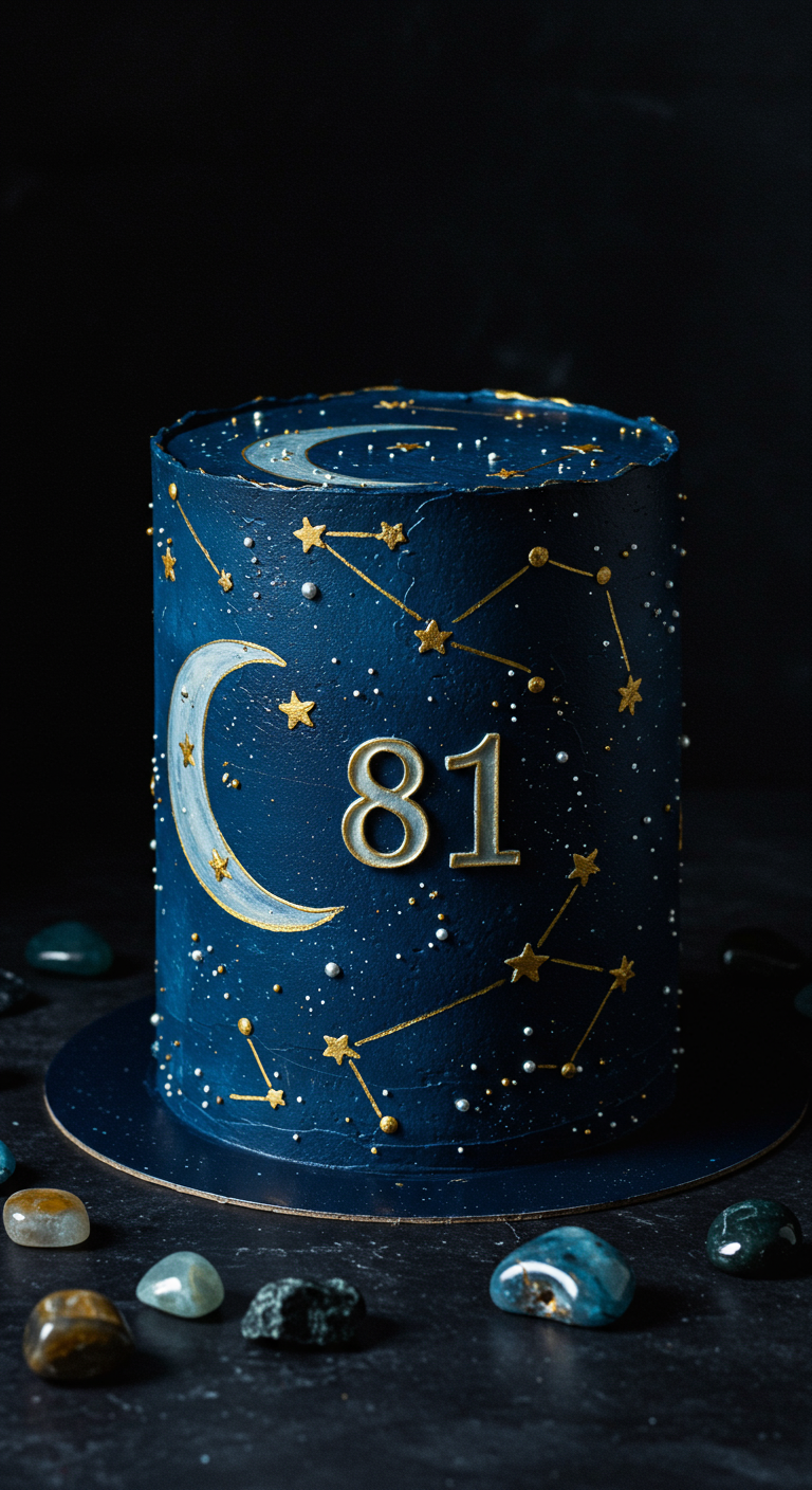 Dunkelblaue Torte mit goldenen Sternen, Mond und Sternbildern.