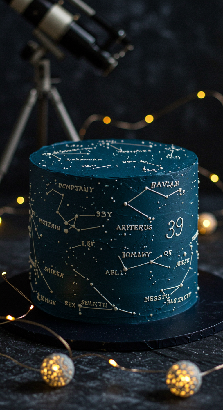 Dunkelblaue Torte mit Sternbildern und der Zahl 39.