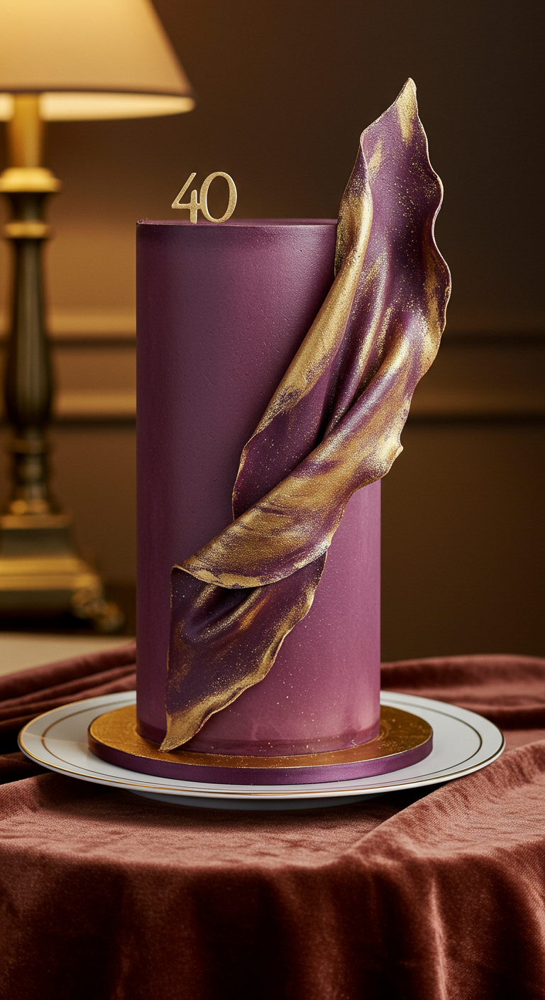 Hohe lila Torte mit goldenem, stoffähnlichem Wellenelement.