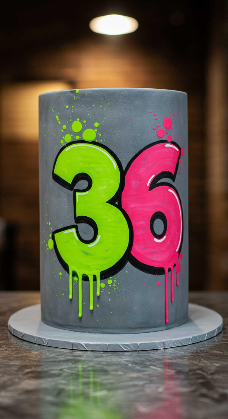 Graue Torte mit neongrünen und pinken Graffiti-Zahlen