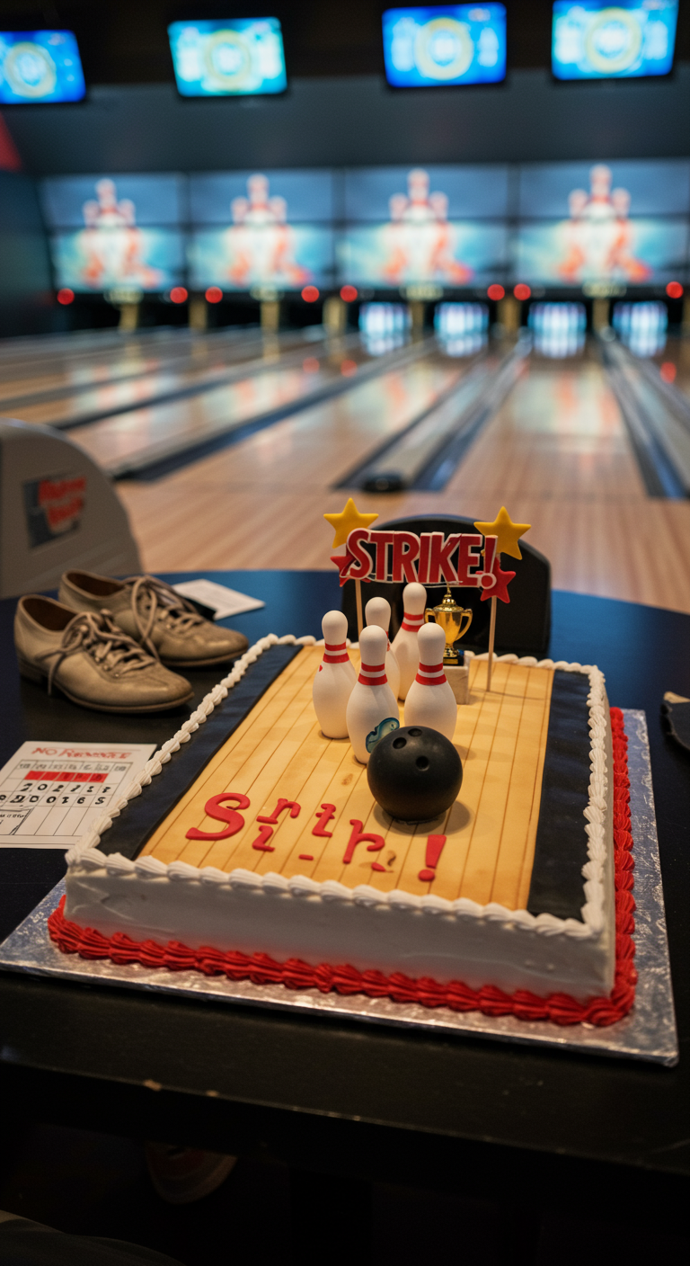 Rechteckige Torte als Bowlingbahn mit Kegeln, Kugel und