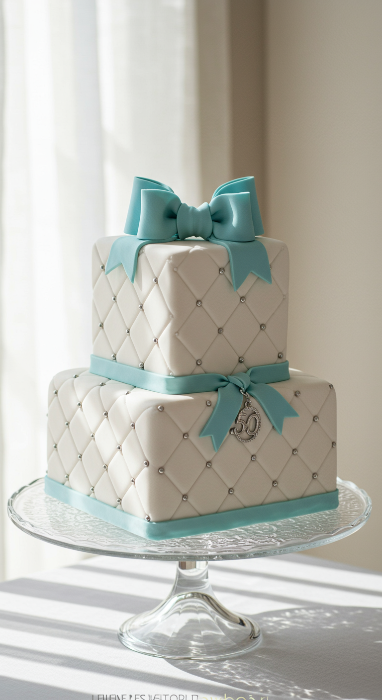 Zweistöckige quadratische weiße Torte mit Steppmuster und türkisen Schleifen.