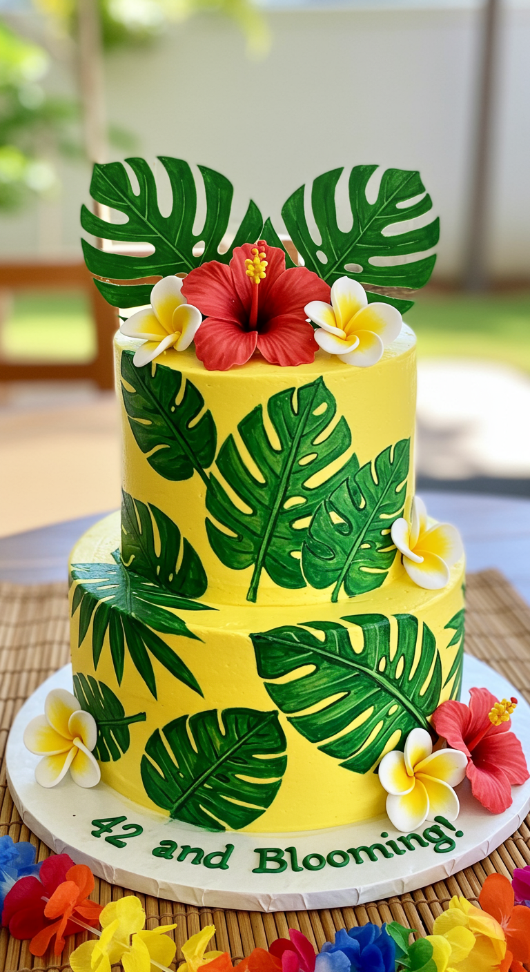 Zweistöckige gelbe Torte mit aufgemalten tropischen Blättern und echten Blüten.