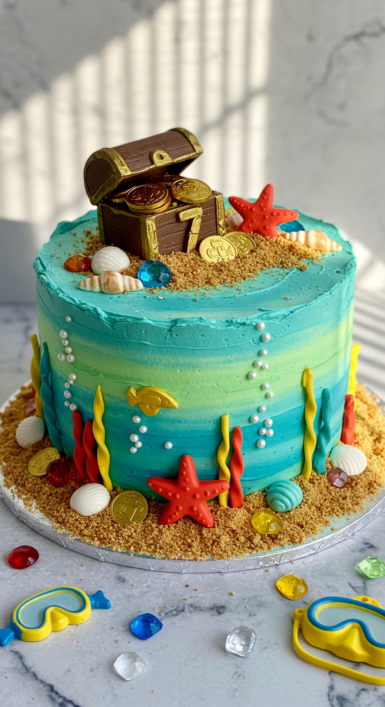 Blaue Torte mit Unterwasser-Schatzkiste, Seesternen und Goldmünzen.