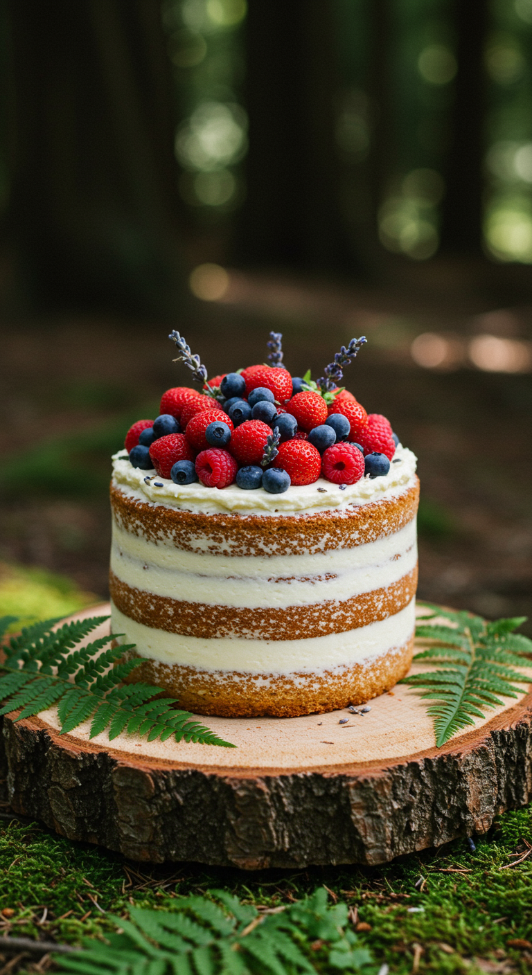 Naked Cake mit Beeren und Lavendel auf einer Baumscheibe im Wald.