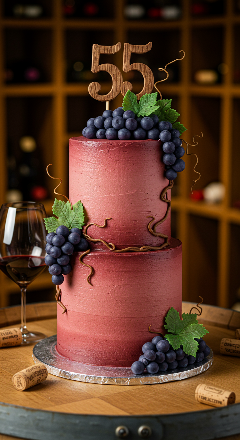 Zweistöckige rötliche Torte dekoriert mit Weintrauben und Weinblättern aus Fondant.