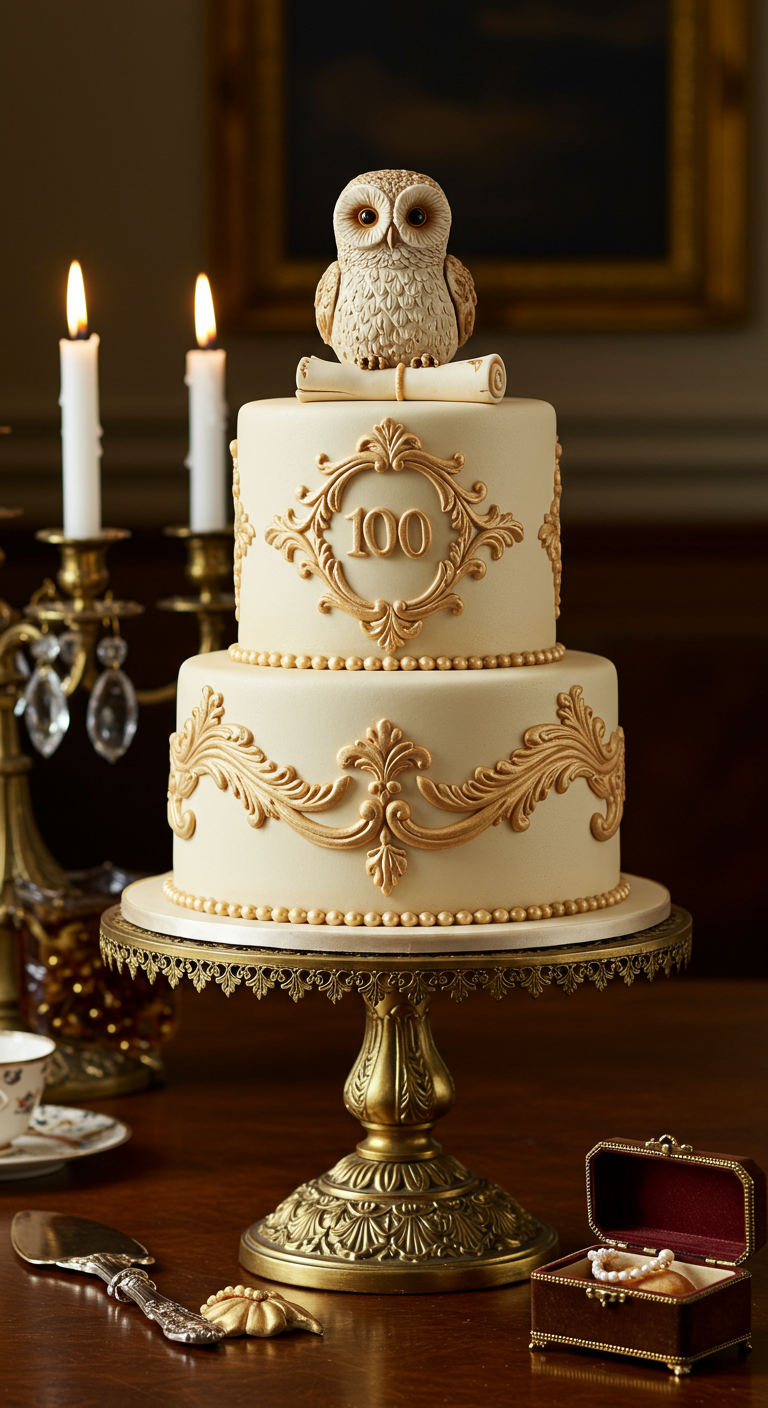 Elegante cremefarbene zweistöckige Torte mit goldenen Ornamenten und Eulen-Topper.