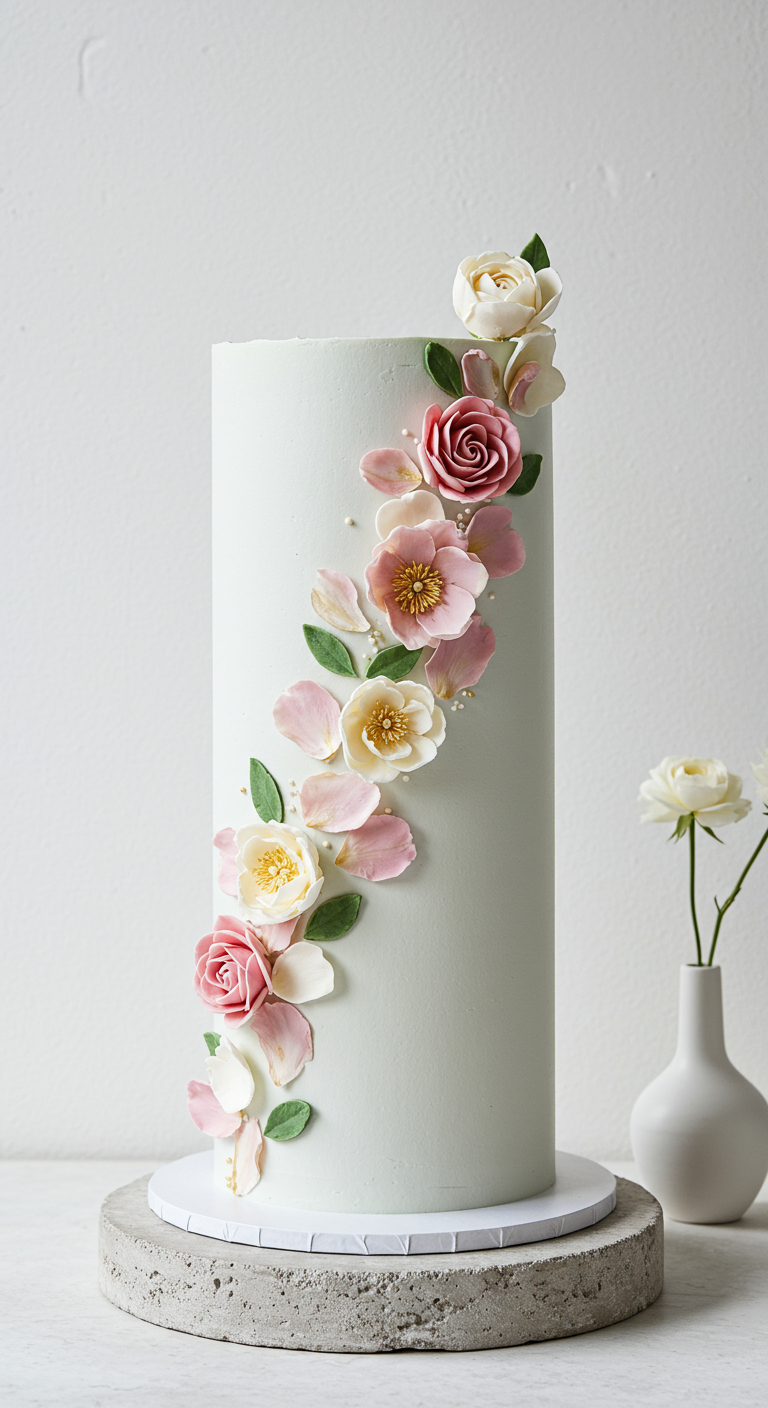 Hohe, mintgrüne Torte mit einer diagonalen Ranke aus Zuckerblumen in Rosa, Gelb und Weiß.