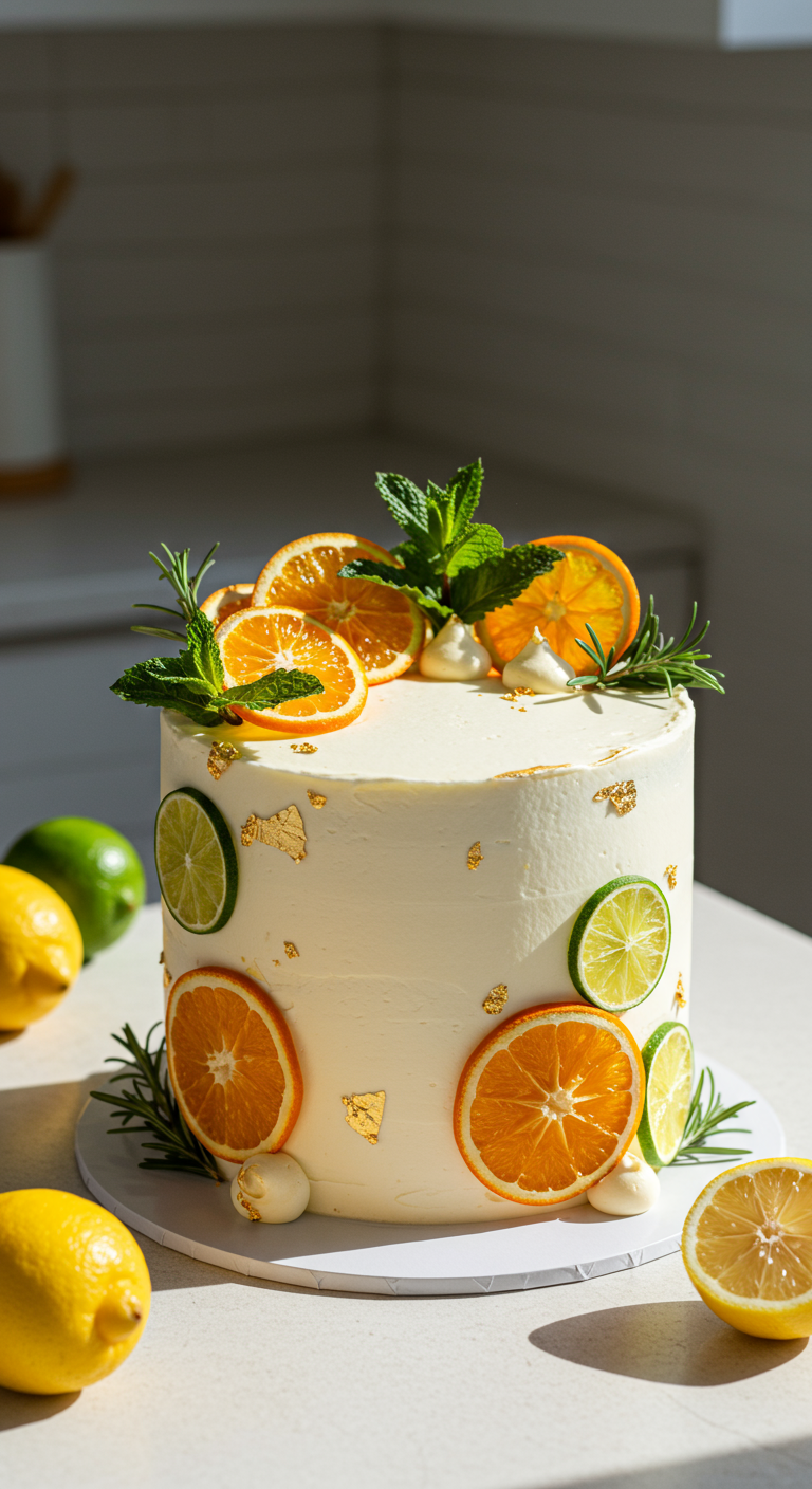 Weiße Torte dekoriert mit Zitronen-, Orangen- und Limettenscheiben, Minze, Rosmarin und Goldflocken.