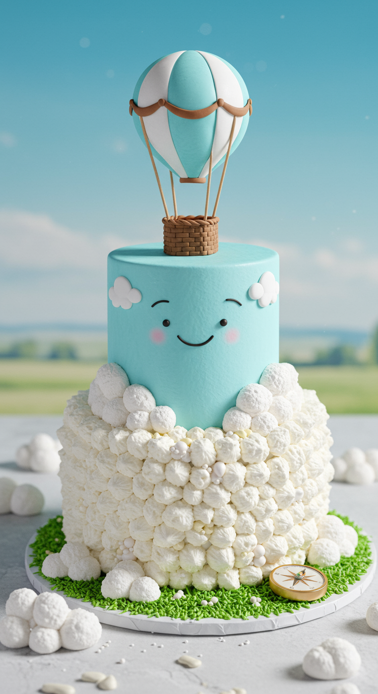 Zweistöckige Torte mit Wolken aus Buttercreme und Heißluftballon-Topper.