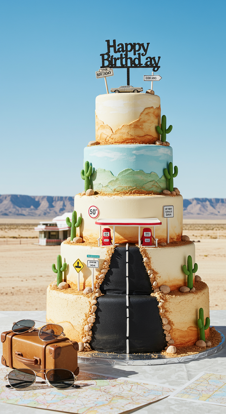 Hohe Torte als Wüstenlandschaft mit Straße, Kakteen, Tankstelle und Reisekoffer.