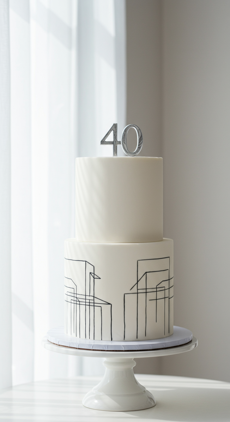 Zweistöckige weiße Torte mit schwarzen architektonischen Linien.