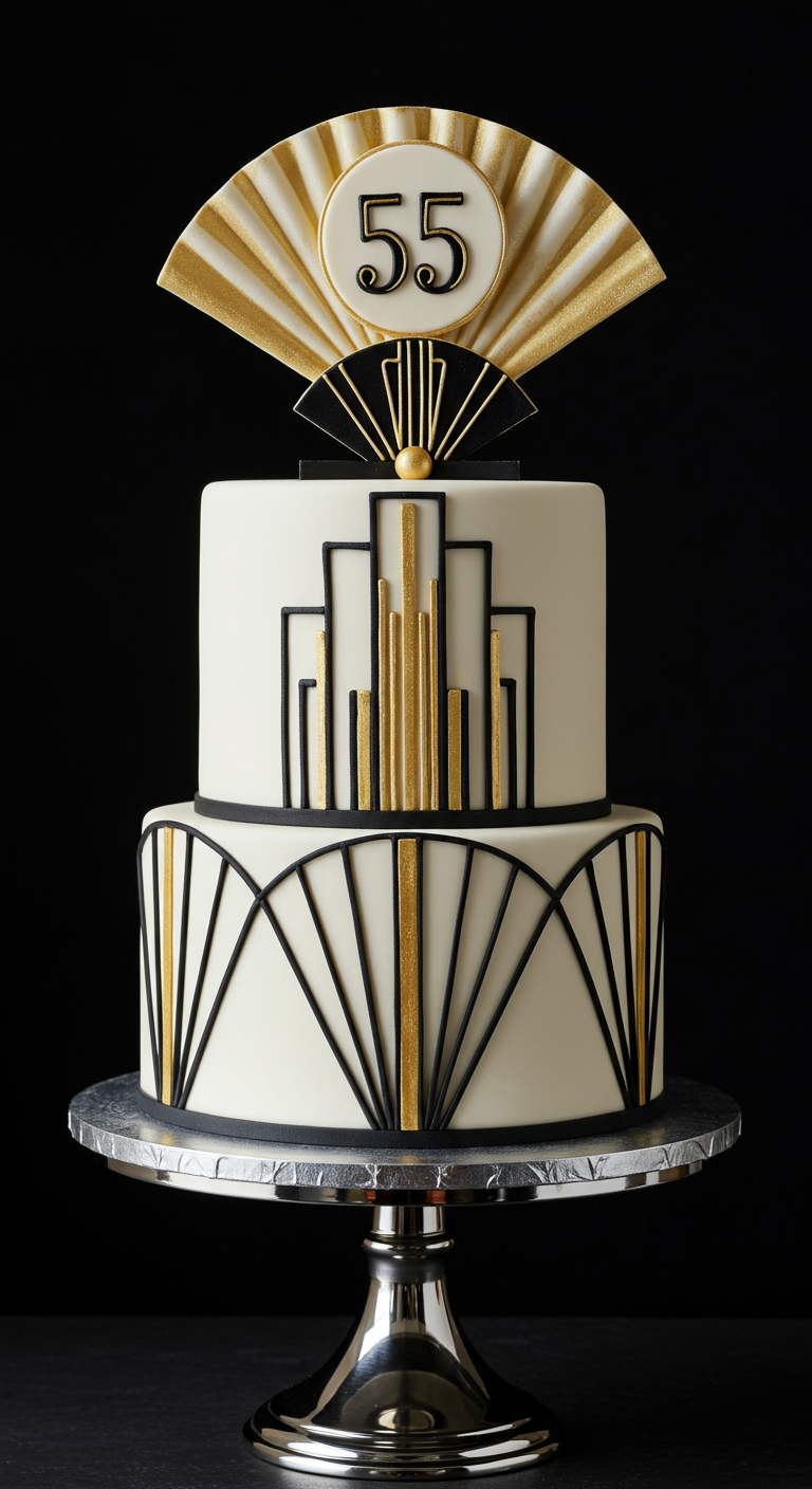 Zweistöckige weiße Torte mit schwarzem und goldenem Art-déco-Muster.