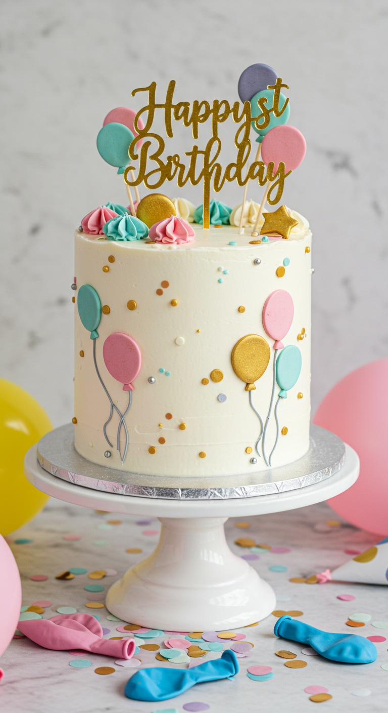 Weiße Torte mit bunten Fondant-Ballons, goldenen Akzenten und