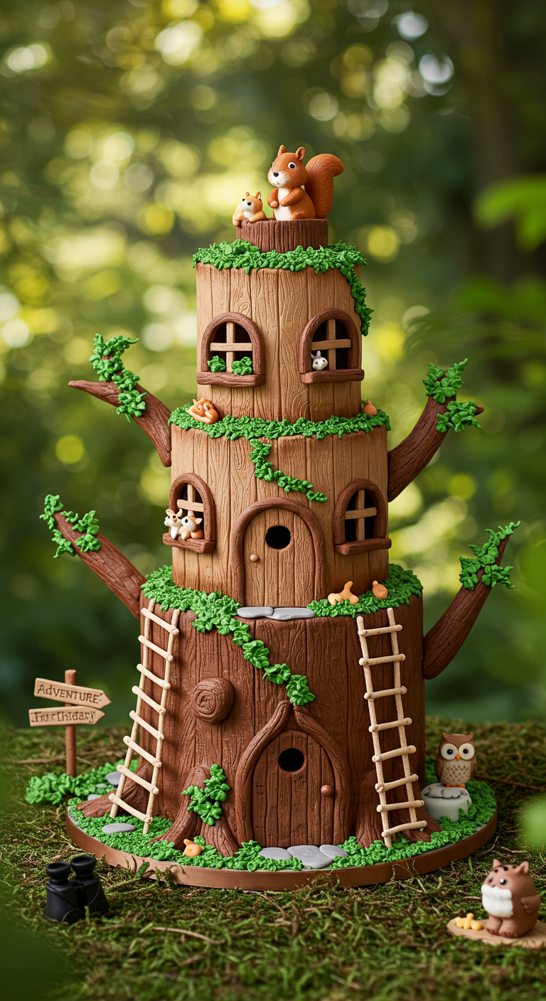 Mehrstöckige Baumhaus-Torte mit Eichhörnchen-Figuren, Fenstern und Leitern aus Fondant.